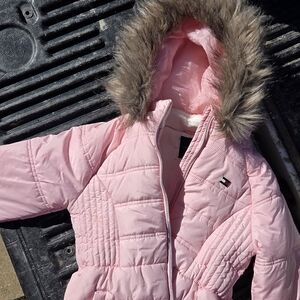 Tommy Hilfiger Pink Quilted Hooded Puffer Coat with Faux Fur Trim